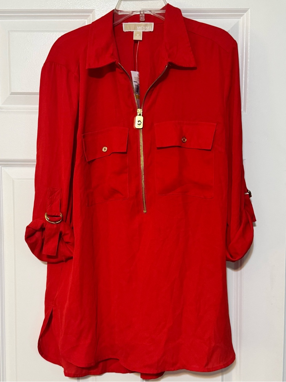NWT Michael Kors Collared Cherry Red 1/4 Gold Zip Roll-tab Sleeve Blouse Medium